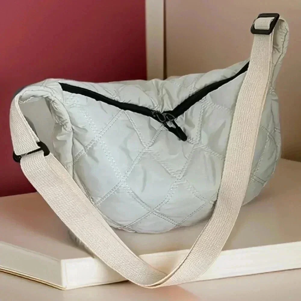 Quilted Nylon Crossbody Hobo Bag in Cream